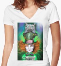 Cheshire Cat & Mad Hatter Alice in Wonderland Women's Fitted V-Neck T-Shirt