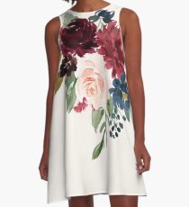 Burgunder Navy Floral Aquarell A-Linien Kleid