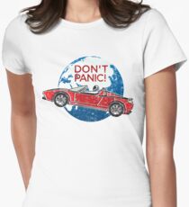 Don't Panic! - a tribute to Elon Musk, Spaceman and the Red Roadster Women's Fitted T-Shirt