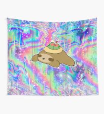 Sloth and Lovebird Nest Rainbow Holographic Wall Tapestry