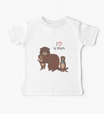 I Love You Mom. Funny brown kids otters with fish on white background. Gift card for Mothers Day. Baby Tee