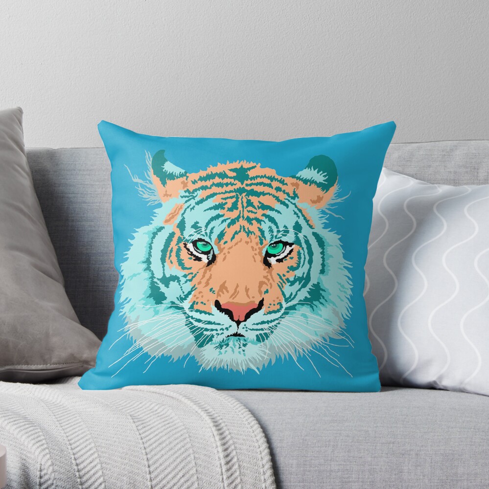 Tiger In Teal And Aqua Throw Pillow