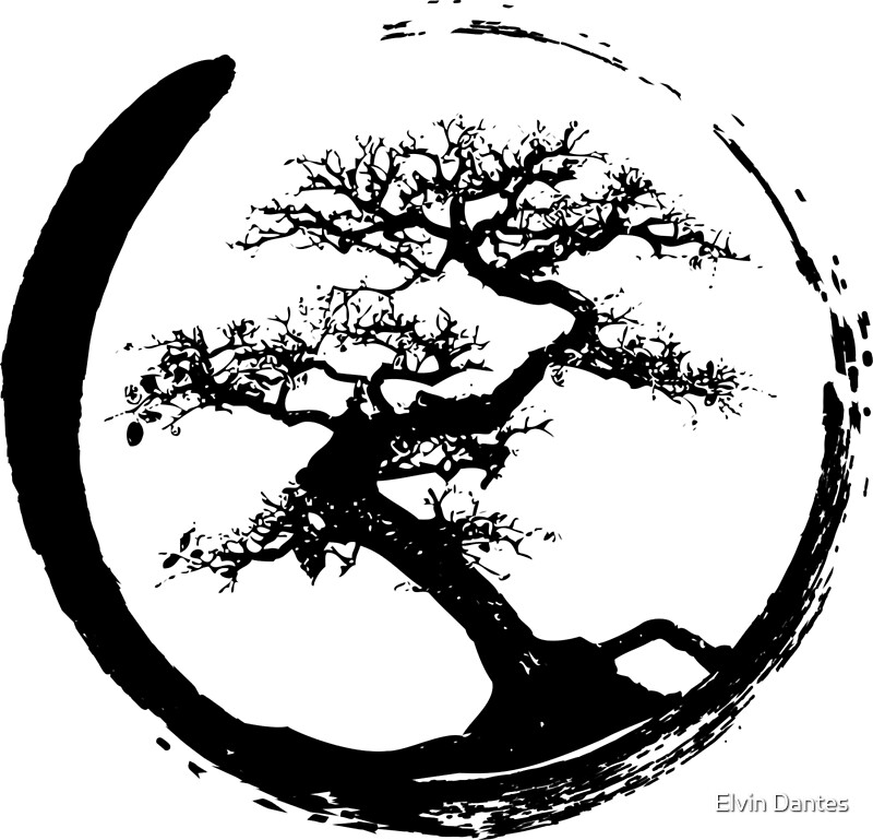 "Zen Bonsai Tree in Enso Circle (black)" by Elvin Dantes Redbubble