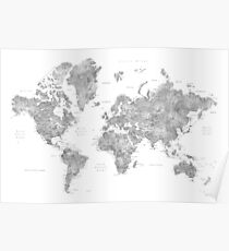 Grayscale watercolor world map with cities Poster