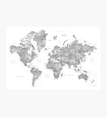 Grayscale watercolor world map with cities Photographic Print