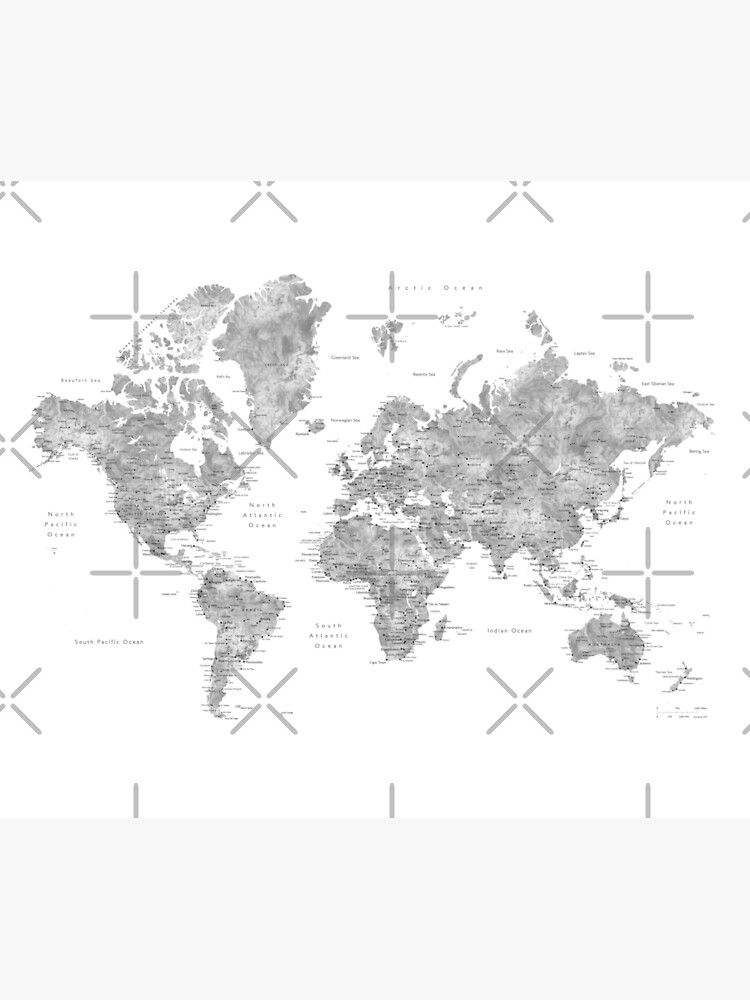 Grayscale watercolor world map with cities by blursbyai