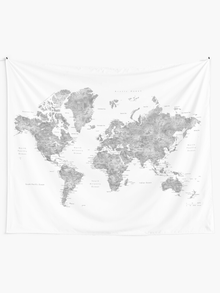 Alternate view of Grayscale watercolor world map with cities Tapestry