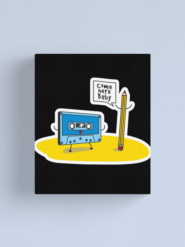 "Funny Cartoon Cassette Tape Loves Pencil" Canvas Print by