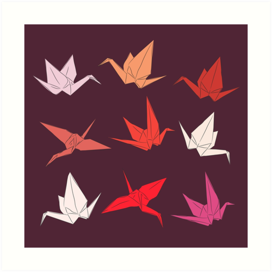 Japanese Origami Paper Cranes Sketch Symbol Of Happiness Luck And Longevity Art Print By Ekaterinap