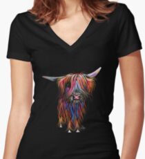 CoW PRiNT SCoTTiSH HiGHLaND ' CoCo ' By SHiRLeY MacARTHuR Women's Fitted V-Neck T-Shirt