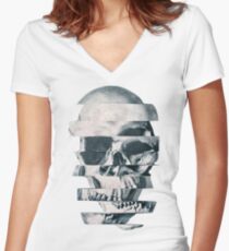 Glitch Skull Mono Women's Fitted V-Neck T-Shirt