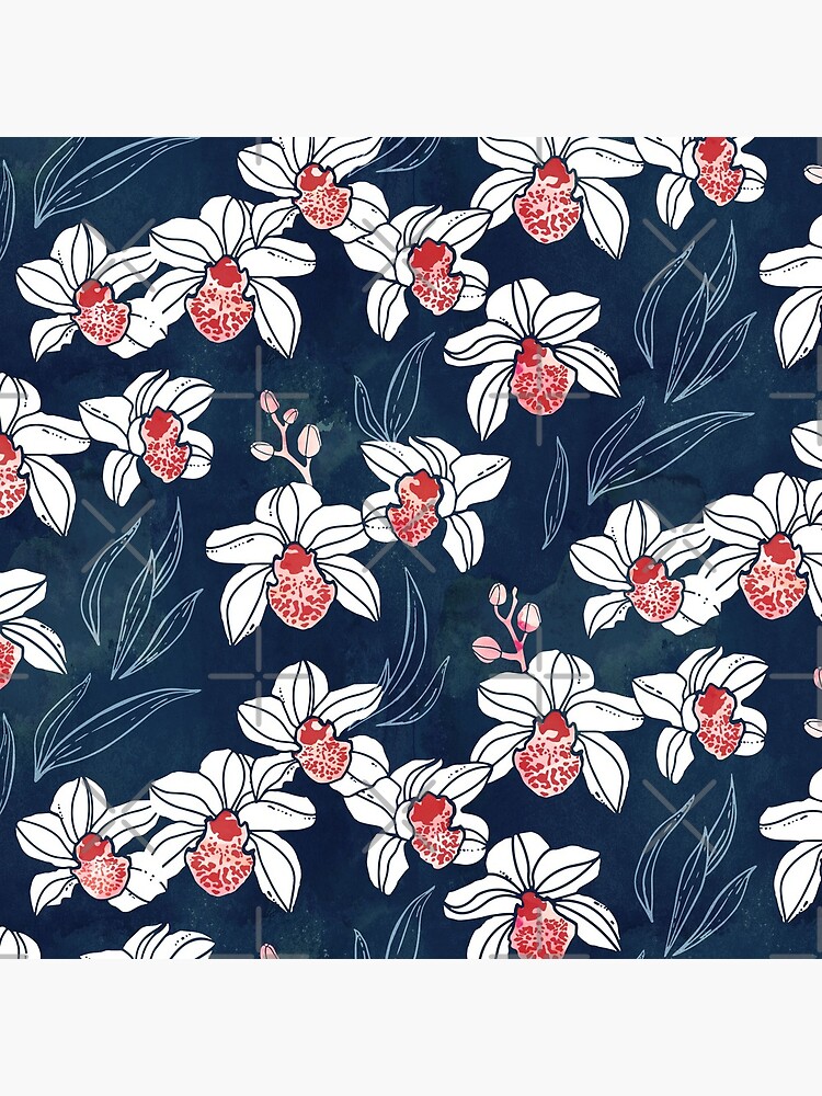Orchid garden in white and peach on navy blue by adenaJ