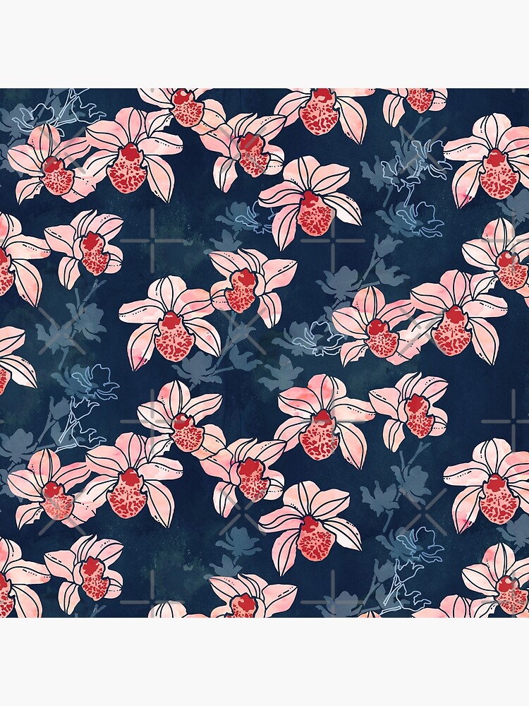 Orchid garden in peach on navy blue by adenaJ