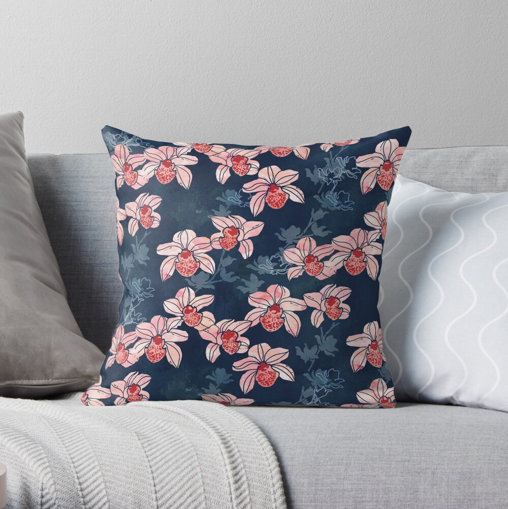 Orchid garden in peach on navy blue Throw Pillow