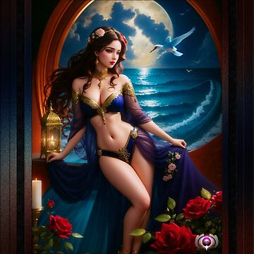 Artwork thumbnail, Arabian Nights Beauty By The Ocean With Red Roses Beautiful Fantasy AI Concept Art by Xzendor7 by xzendor7