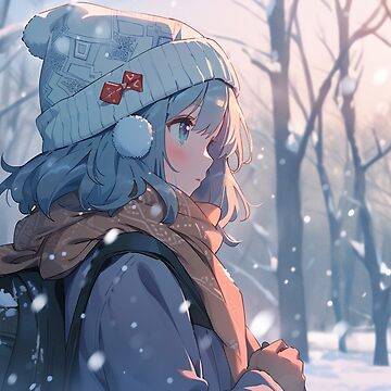 Anime girl in front of a snowy cabin on Craiyon