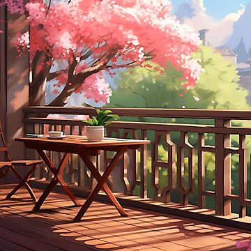 Anime Cherry Blossom Tree in a Balcony | A Romantic and Serene Piece of Art  for Your Home | Poster