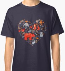 Fairy-tale forest. Fox, bear, raccoon, owls, rabbits, flowers and herbs on a blue background. Classic T-Shirt