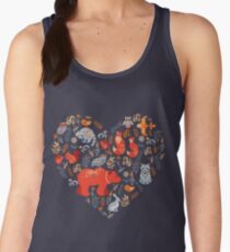 Fairy-tale forest. Fox, bear, raccoon, owls, rabbits, flowers and herbs on a blue background. Women's Tank Top