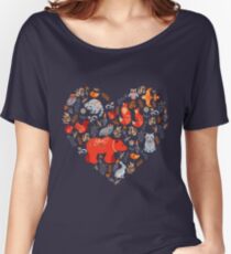 Fairy-tale forest. Fox, bear, raccoon, owls, rabbits, flowers and herbs on a blue background. Women's Relaxed Fit T-Shirt