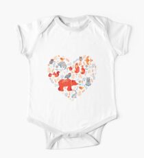 Fairy-tale forest. Fox, bear, raccoon, owls, rabbits, flowers and herbs on a blue background. One Piece - Short Sleeve