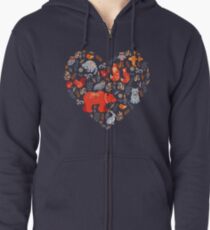 Fairy-tale forest. Fox, bear, raccoon, owls, rabbits, flowers and herbs on a blue background. Zipped Hoodie