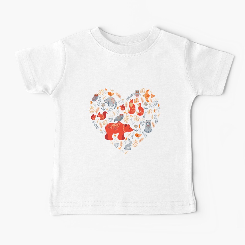 Fairy-tale forest. Fox, bear, raccoon, owls, rabbits, flowers and herbs on a blue background. Baby T-Shirt