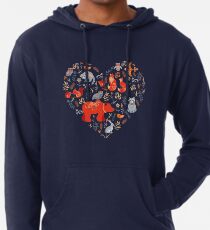 Märchenwald. Fox, Bär, Waschbär, Eulen, Hasen, Blumen und Kräuter auf blauem Grund. Leichter Hoodie