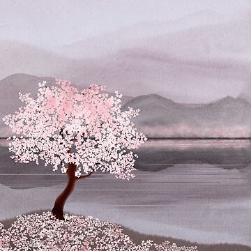 Cherry blossom tree on mountain and water landscape watercolor