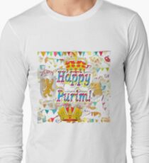 Happy Purim, happy, Purim, blessed, blest, blissful, blithe, Cartoon Long Sleeve T-Shirt