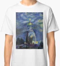 Painting, night, sky, church, stars, galaxies, universe, golden dome Classic T-Shirt