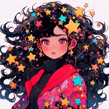 Beautiful Bright Neon Curly Hair Starry Anime Girl | Sticker