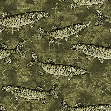 Musky Fish Monochrome Swamp Green Camo Pattern Poster for Sale by