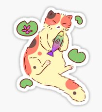 Calico Cat Hugging a Fish Sticker