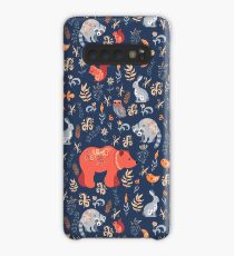 Fairy-tale forest. Fox, bear, raccoon, owls, rabbits, flowers and herbs on a blue background. Case/Skin for Samsung Galaxy
