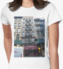 Apartment, Architecture, New York, Manhattan, Brooklyn, New York City, architecture, street, building, tree, car,   Women's Fitted T-Shirt