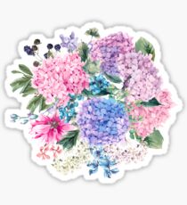 Summer watercolor vintage blooming hydrangea and garden flowers Sticker