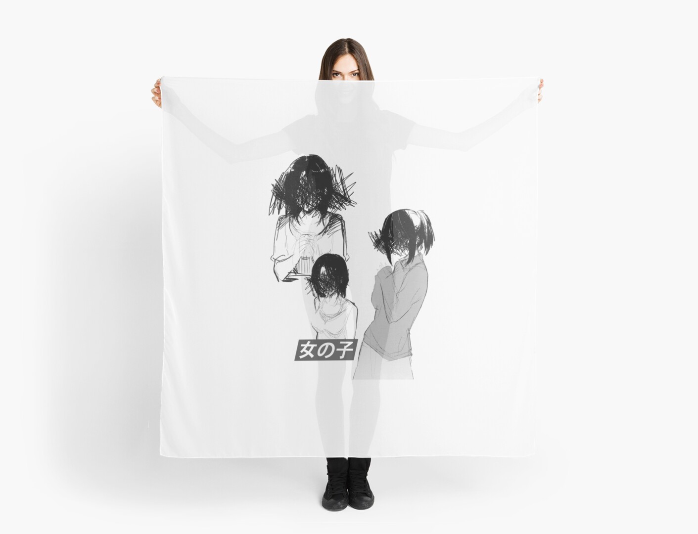 Girls Black And White Sad Japanese Anime Aesthetic Scarf By