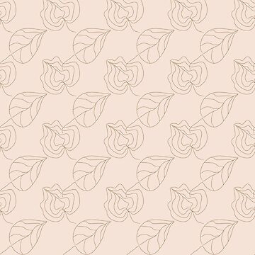Brown contours of flowers and leaves on a beige background. Refined lines,  plants, silhouettes - Pattern - T-Shirt