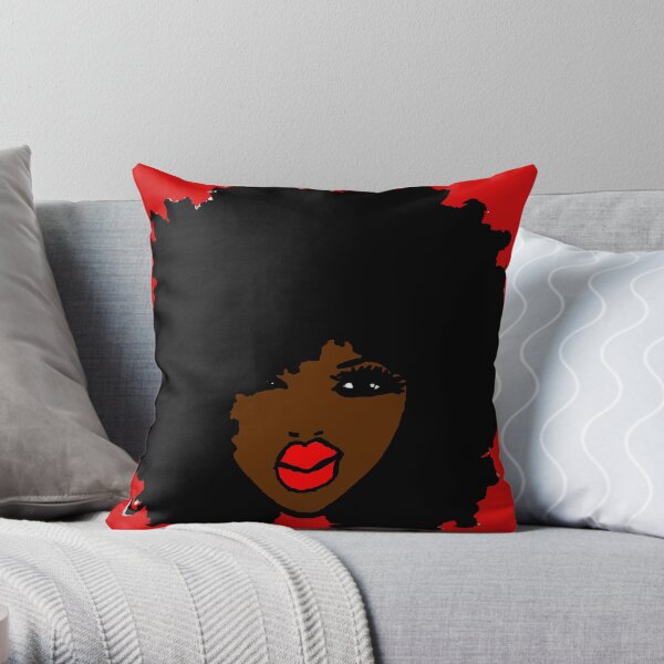 Brown Skin Curly Natural Hair Flower Red Lips Throw Pillow