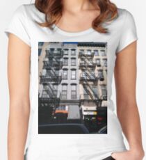 New York, Manhattan, Brooklyn, New York City, architecture, street, building, tree, car, pedestrians, day, night, nightlight, house, condominium,  Women's Fitted Scoop T-Shirt