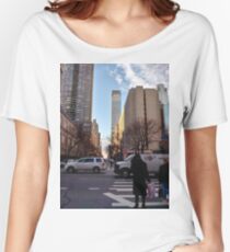 Metropolitan area, New York, Manhattan, Brooklyn, New York City, architecture, street, building, tree, car, pedestrians, day, night, nightlight, house, condominium,  Women's Relaxed Fit T-Shirt
