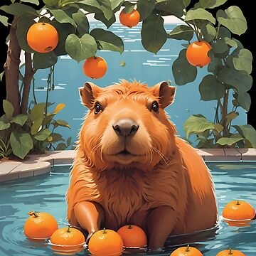 Capybara nestled in a chest overflowing with oranges Sticker for