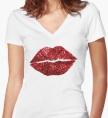 Red Glitter Lips Women's Fitted V-Neck T-Shirt