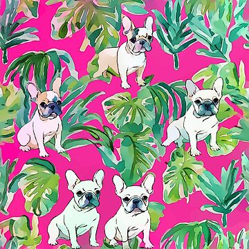 Preppy French bulldogs and palm leaves on hot pink Sticker for Sale by  SophieClimaArt