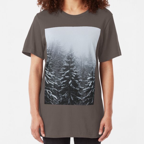 Fog over snow covered spruce forest in winter Slim Fit T-Shirt