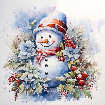 Watercolour Snowman winter blue and white red Christmas vintage | Sticker
