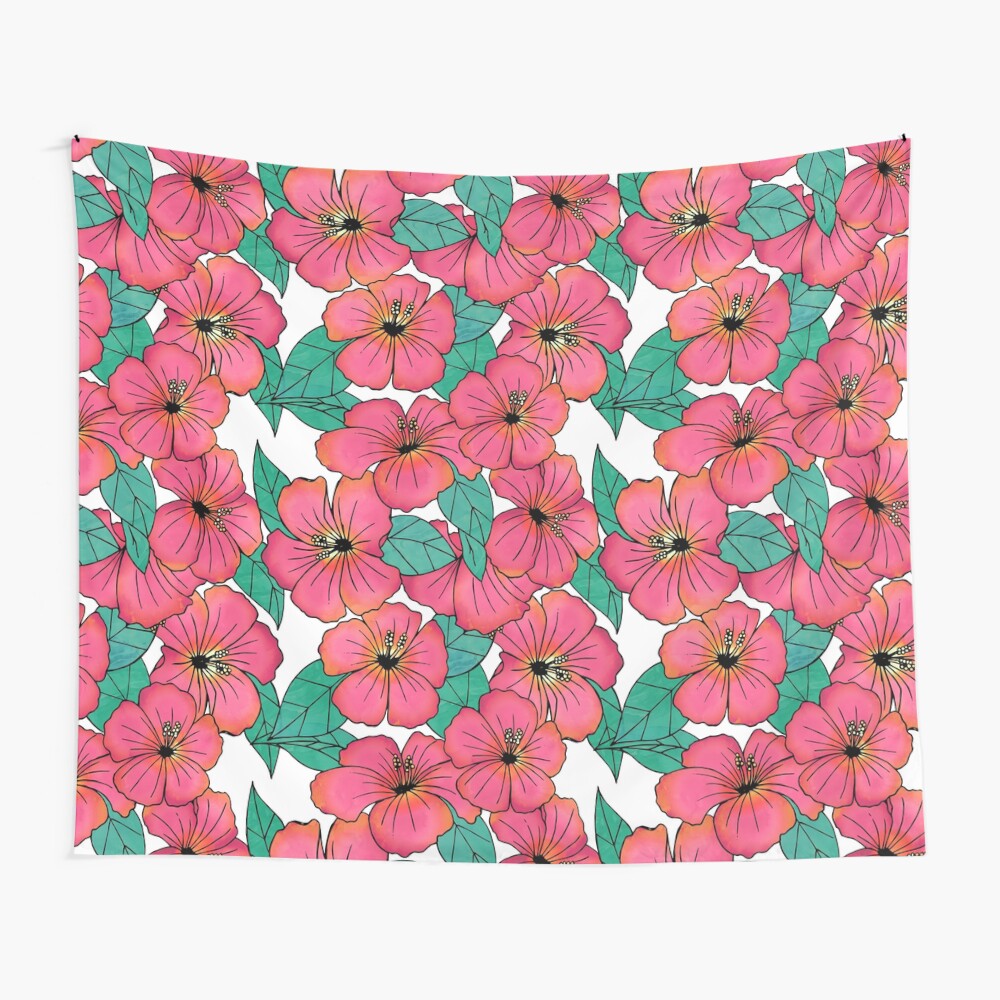 Tropical Floral Pink Hibiscus Pattern Wall Tapestry