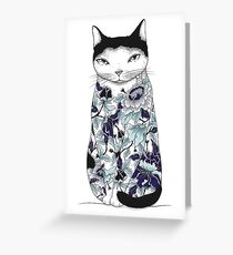 Tarjeta de felicitación Gato en Blue Peony Tattoo