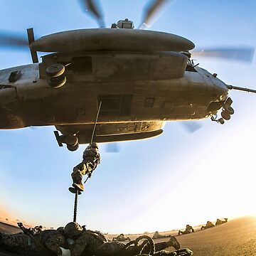 U.S. Marines fast-rope from a CH-46E Sea Knight helicopter onto